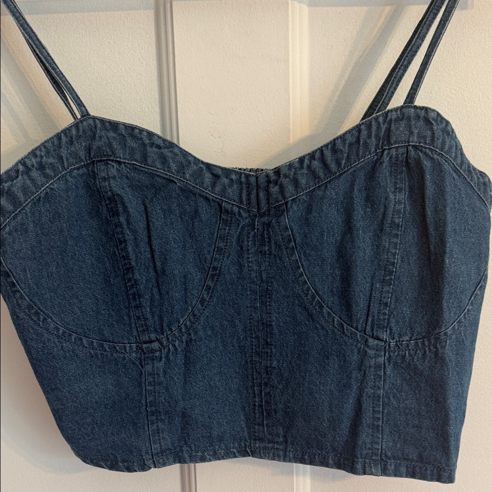 Classic Denim Blue Crop Top with Smocked Back and Adjustable Straps - Picture 4 of 9